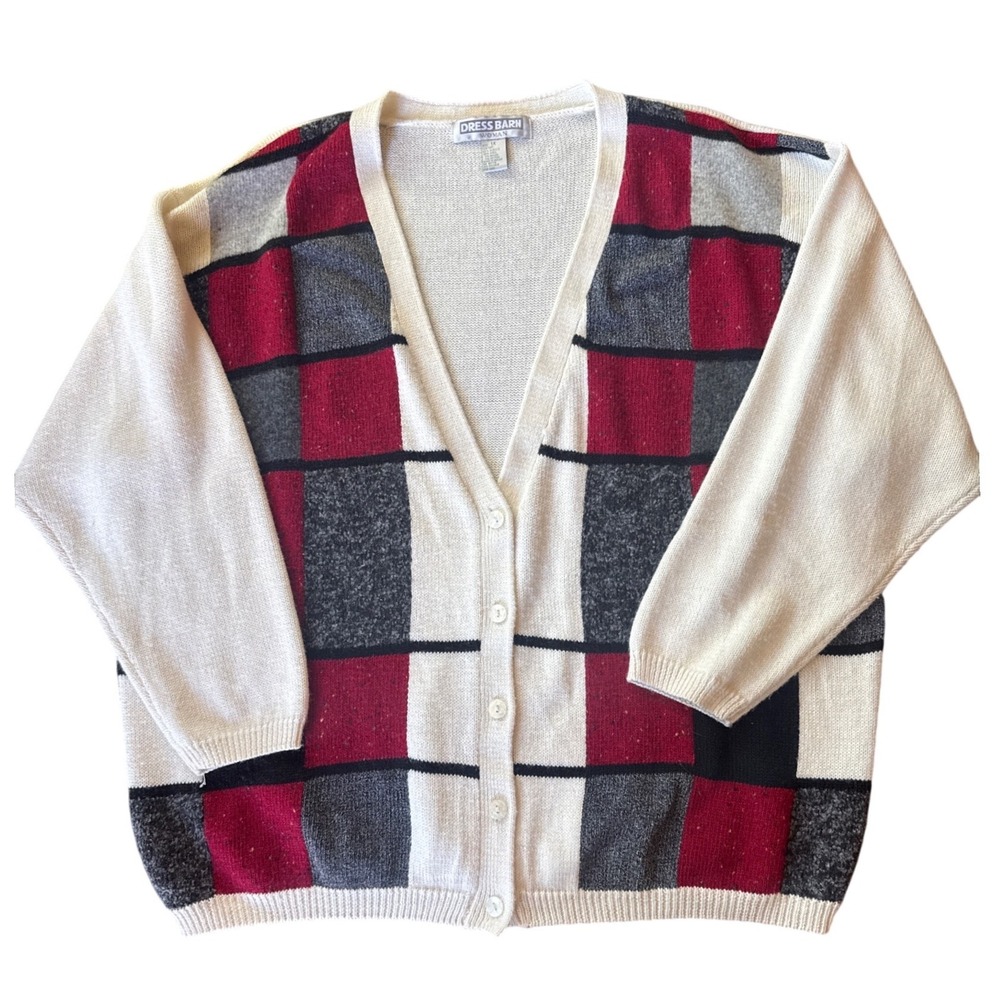 Dress Barn Cardigan Sweater Women 1X Red Cream Plaid Knit V-Neck Excellent